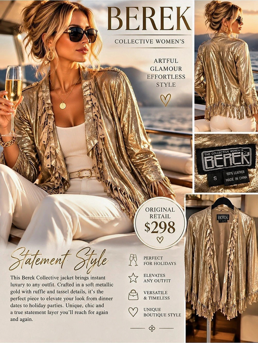 Berek Metallic Gold Leather Fringe Jacket Size Small
